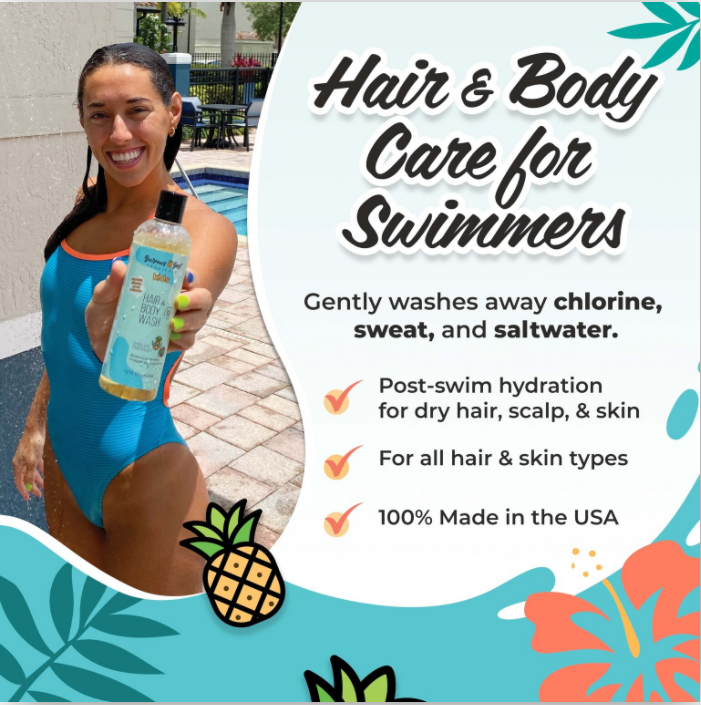 On the left a woman in a blue swimsuit holding a bottle of Burrows Best hair and body wash on the right text reads Hair and body care for swimmers gently washes away chlorine sweat and saltwater post swim hydration for dry hair scalp and skin for all hair and skin types 100% made in the USA
