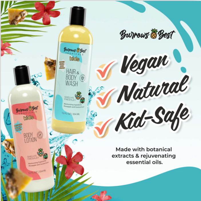 Bottles of Burrows best hair and body wash and body lotion. Text reads burrows best. vegan, natural, kid safe. Made with botanical extracts and rejuvenating essential oils.