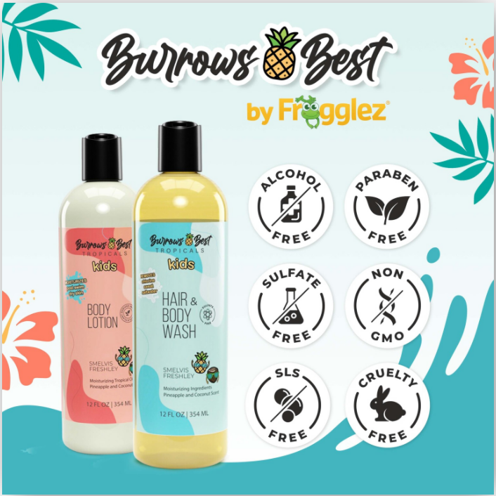 Bottles of hair and body wash and lotion. Burrows Best by frogglez. alcohol free. paraben free. sulfate free. non gmo. sls free. cruelty free.