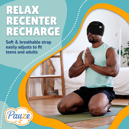 Man kneels doing yoga while wearing a Pauze mask. Diagram says "relax, recenter, recharge. Soft & breathable strap easily adjusts to fit teens and adults". 