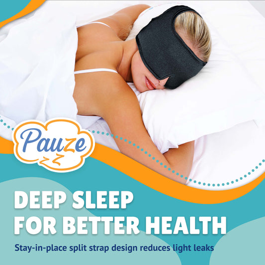 Graphic reads Pauze. Deep sleep for better health. Stay-in-place split strap design reduces light leaks. 