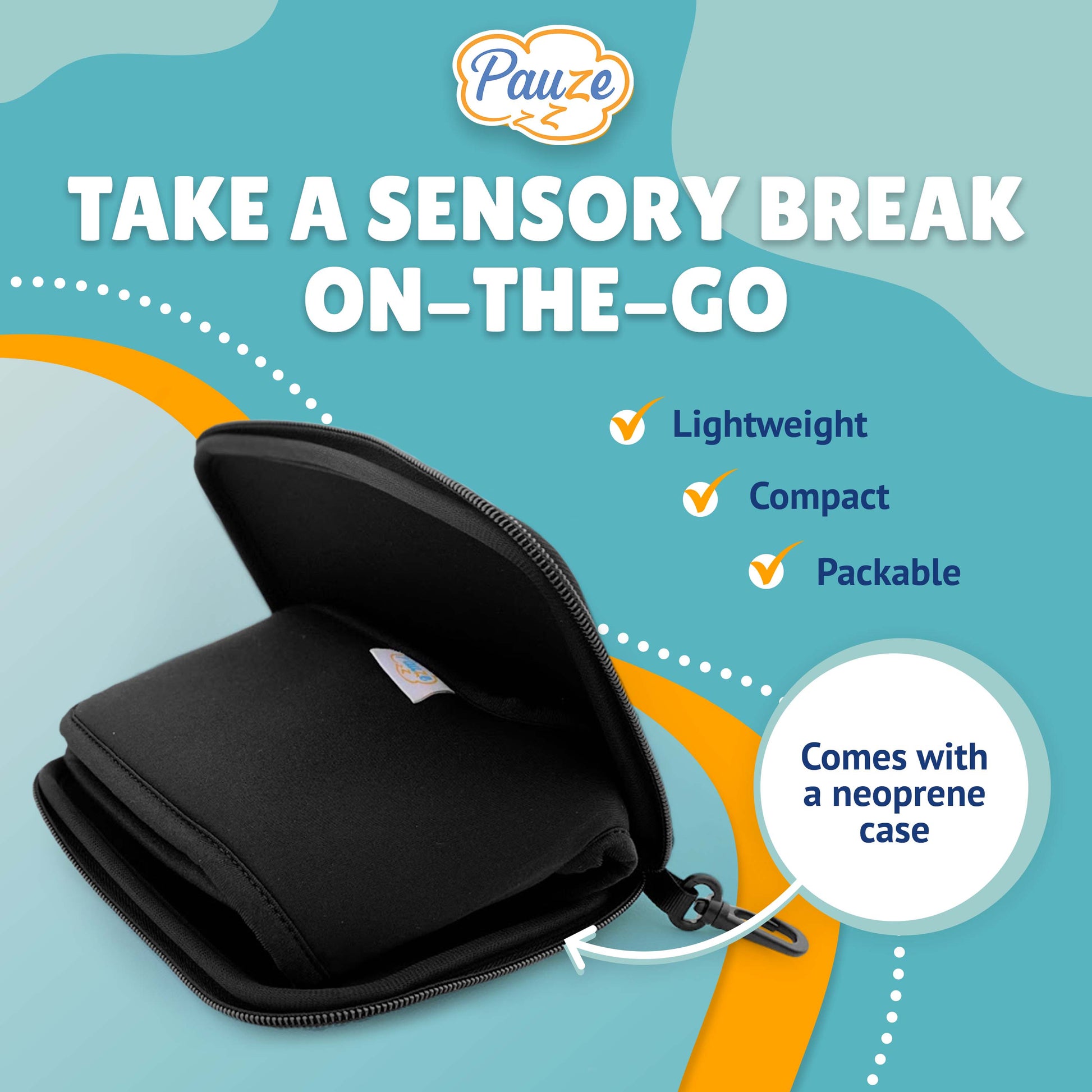Graphic with pauze mask in case. Graphic says "Take a sensory break on-the-go" Lightweight, compact, packable. Comes with a neoprene case 