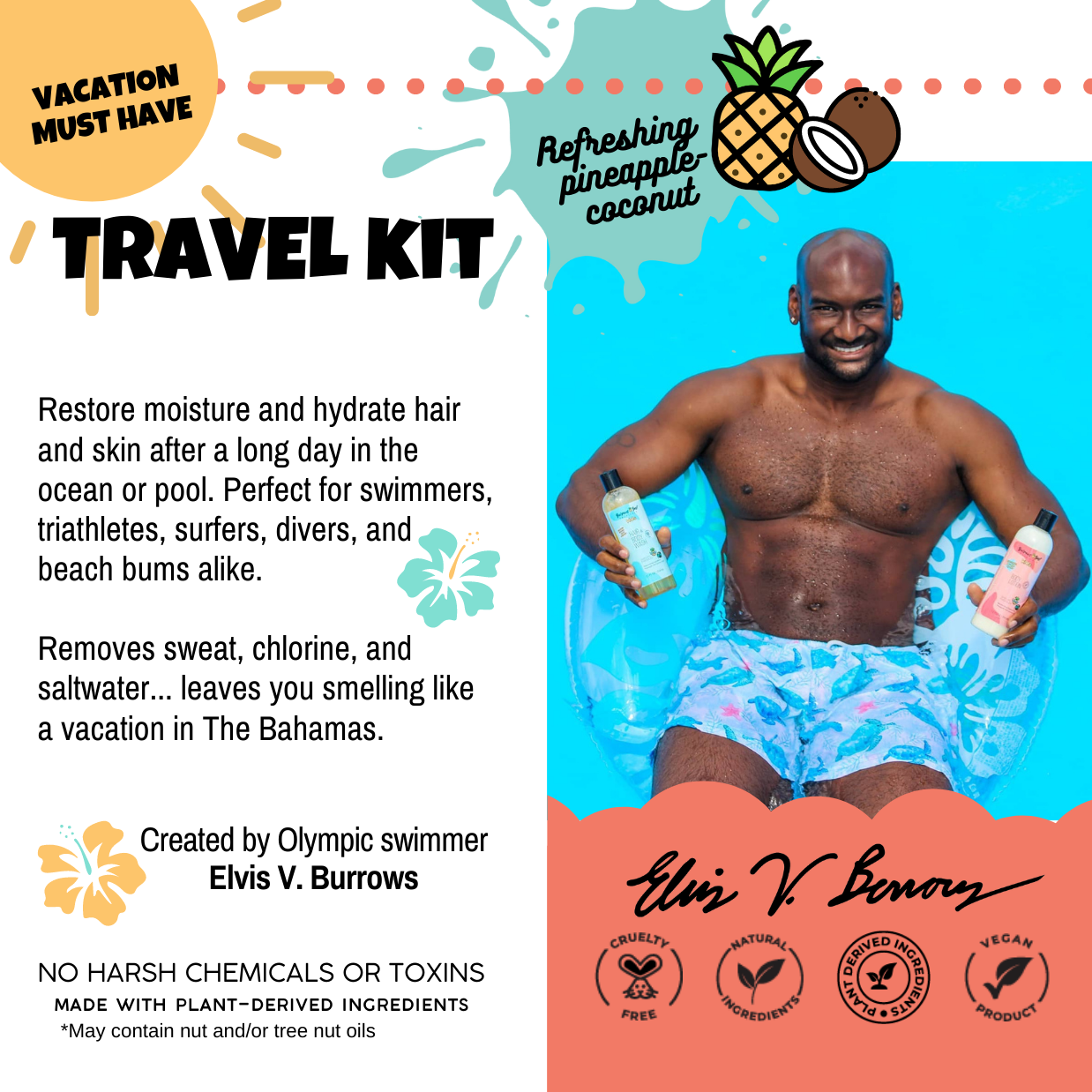 Olympic swimmer Elvis v Burrows in the swimming pool sitting in a float holding bottles of burrows best, overlapped by his signature. Text reads Travel kit. Vacation must have. Created by Olympic swimmer Elvis V Burrows. Refreshing pineapple-coconut scent.