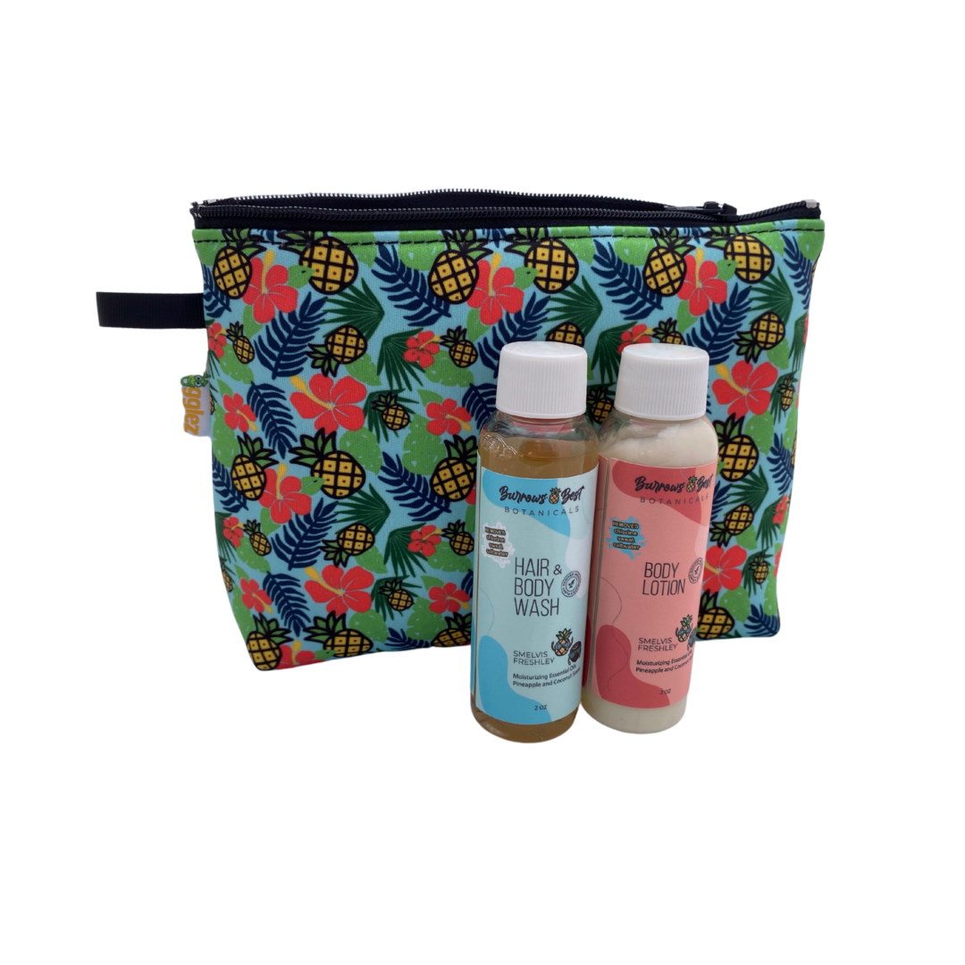Travel kit includes neoprene pineapple bag with travel-sized hair and body wash and body lotion